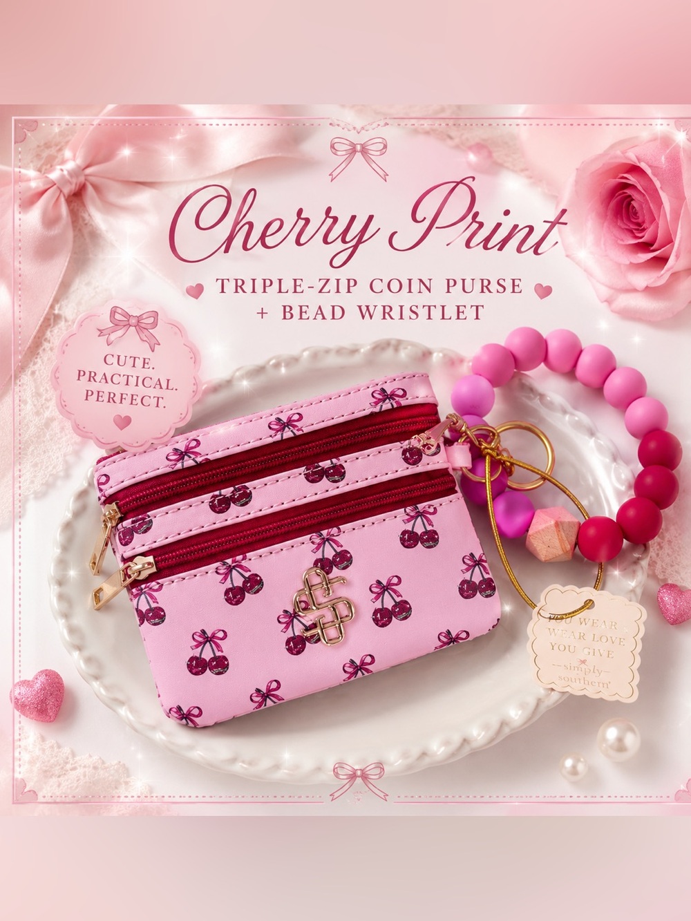 Cherry Print Triple-Zip Coin Purse Wallet Wristlet Pink Glitter Cherry Keychain
